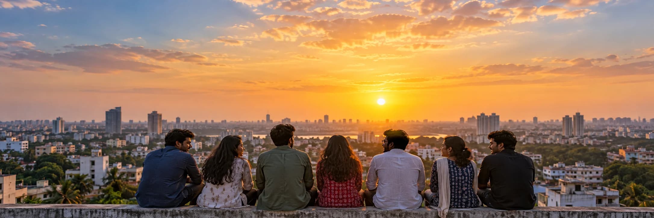 Indian young adults sitting together above a city skyline at sunset, seen from behind