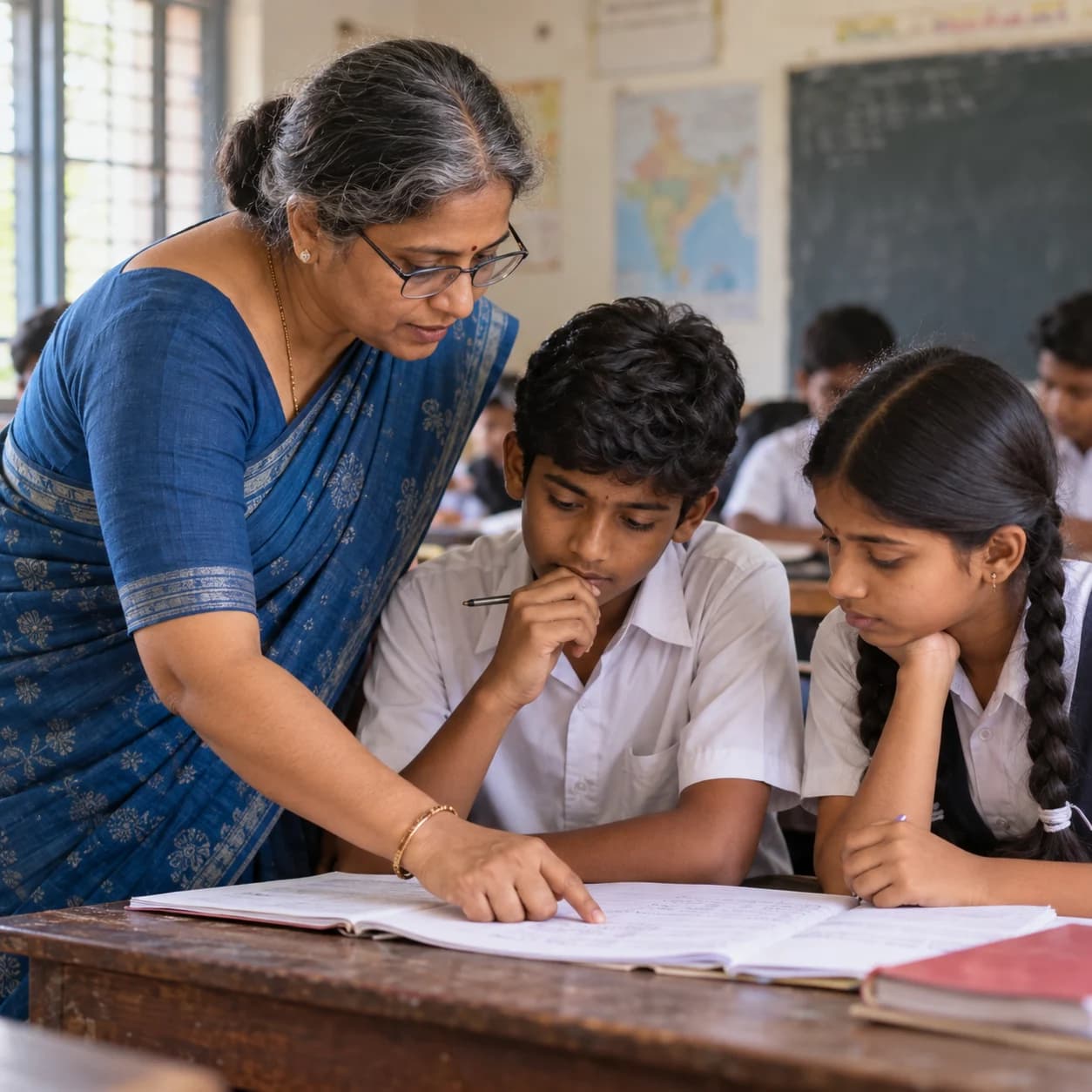 An Indian teacher and two adolescents working through a paper exercise in a classroom