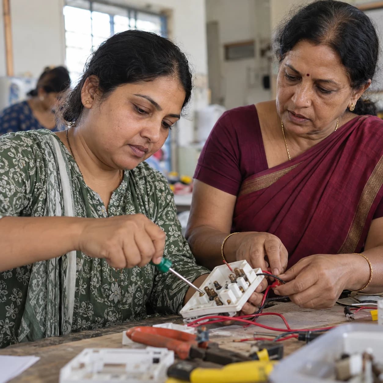 Two Indian women examining electrical tools at a practical skills workshop