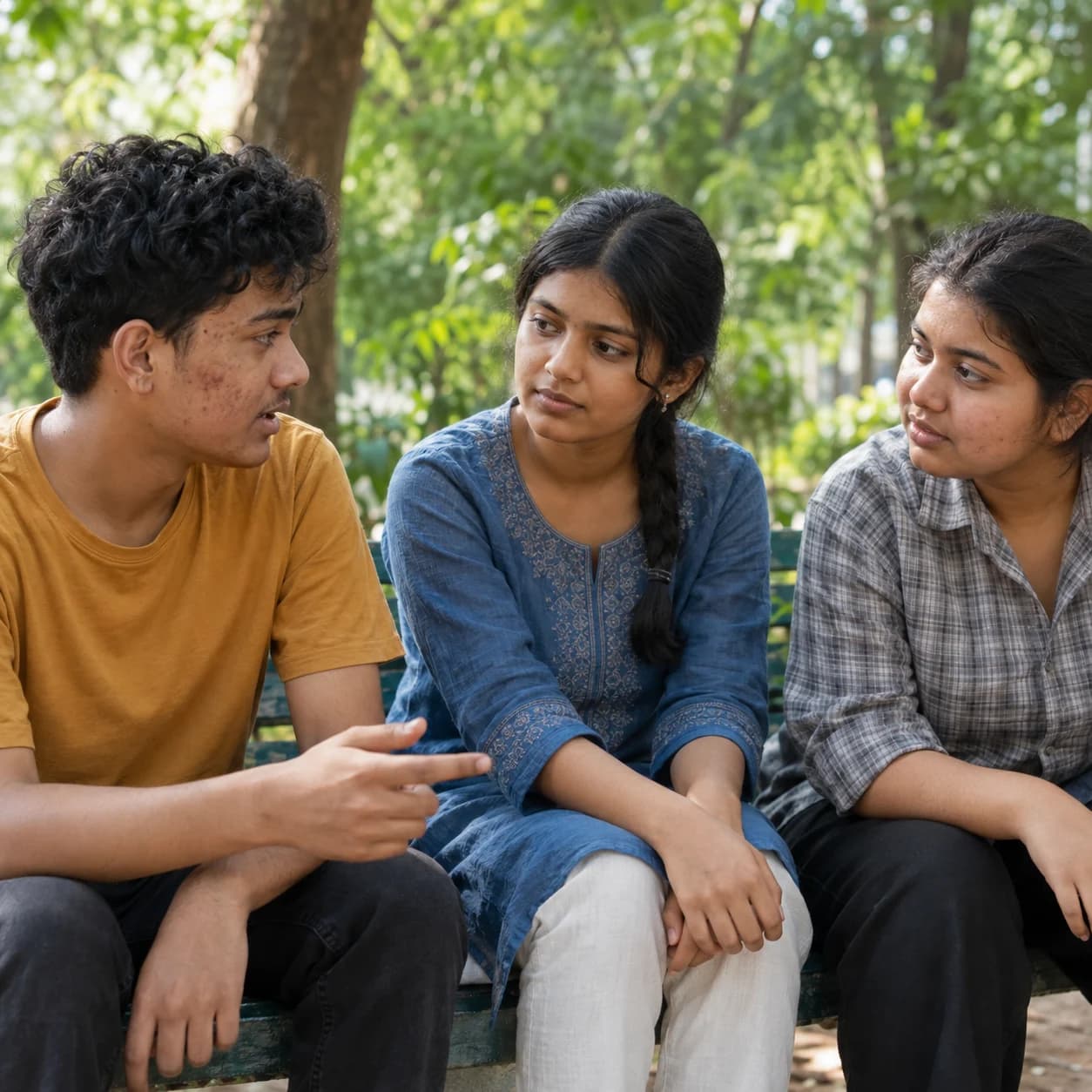 Three Indian adolescents listening to one another on a shaded park bench