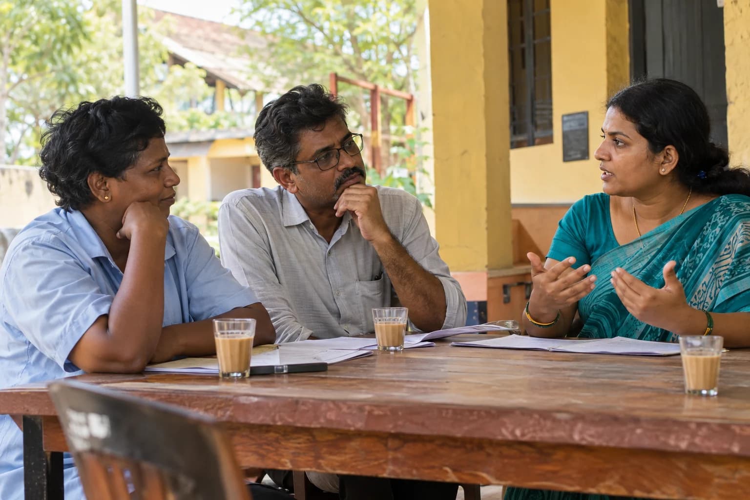 Indian working adults listening to an educator on a community-centre veranda