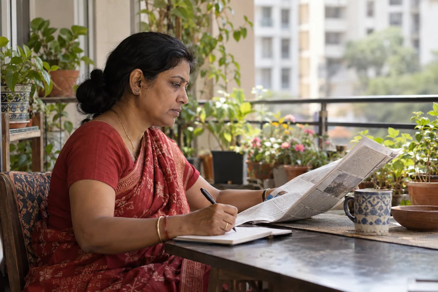 An Indian woman making notes while reading at a balcony table