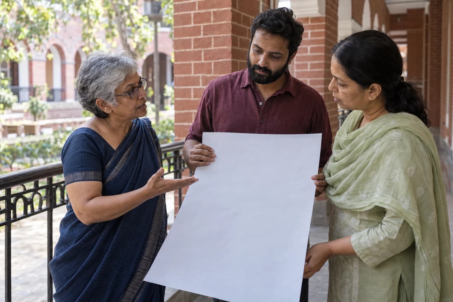 An older Indian educator and two adults discussing a blank poster in a college corridor