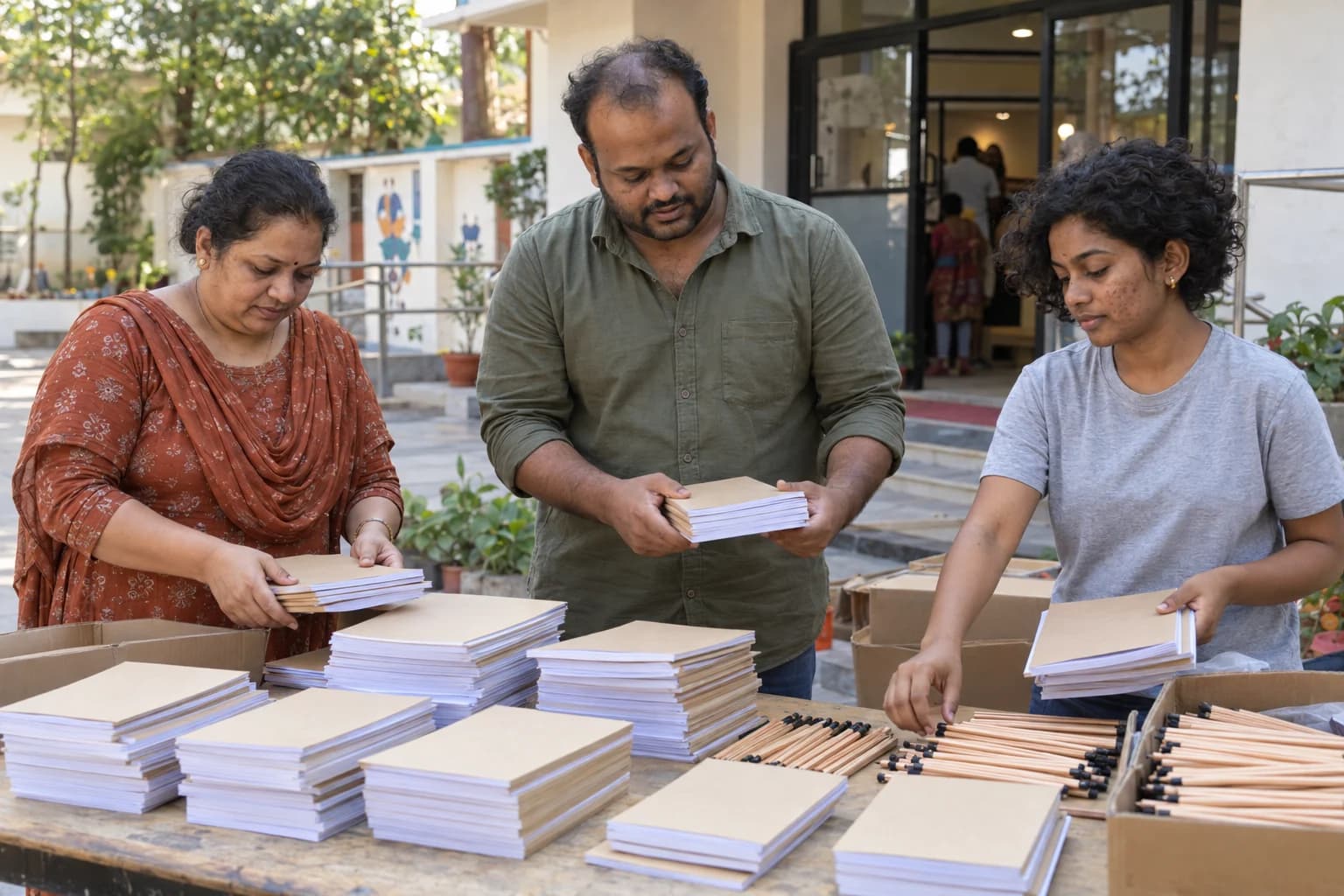 Indian adults organising plain notebooks together in a community room